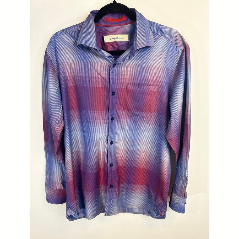 Tommy Bahama Red & Blue Ombre Cotton Silk Blend Button Up‎ Shirt SMALL